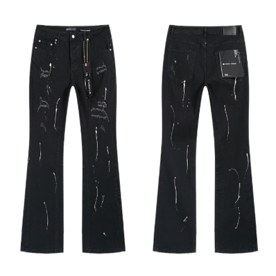 Black Flared Denim Jeans with White Paint Streaks and Heavy Distressing